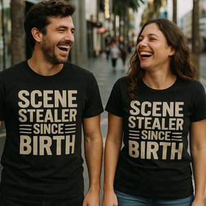 Person wearing the black actor shirts graphic tee - "Scene Stealer Since Birth" design