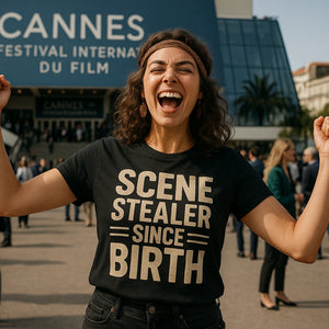Lifestyle shot of the "Scene Stealer Since Birth" black actor shirts in a real-world setting
