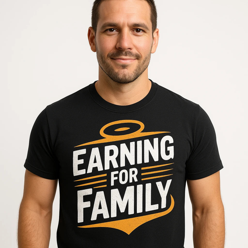 Close-up of the "Earning for Family" white print on a premium Bella+Canvas black dad to be shirts