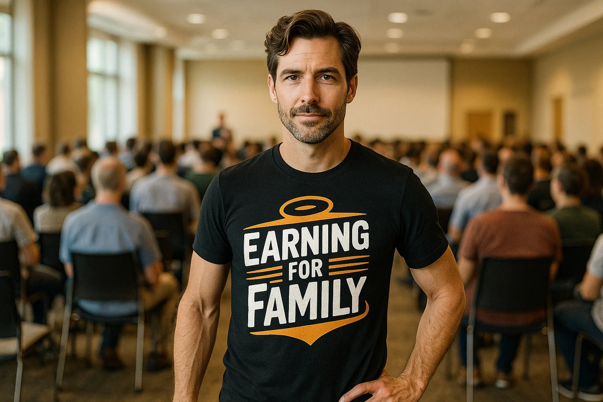Lifestyle shot of the "Earning for Family" black dad to be shirts in a real-world setting