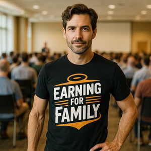 Lifestyle shot of the "Earning for Family" black dad to be shirts in a real-world setting