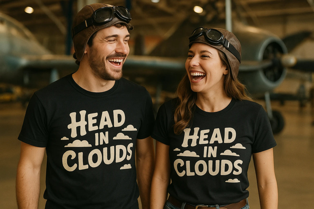 Person wearing the black flying fish t shirt graphic tee - "Head in Clouds" design