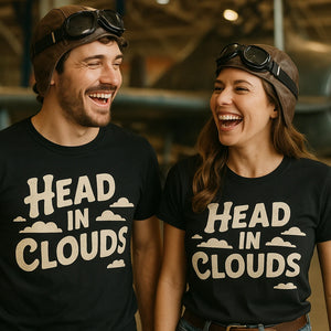 Person wearing the black flying fish t shirt graphic tee - "Head in Clouds" design