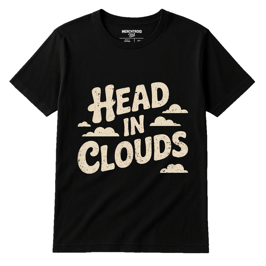 Black Flying Fish T Shirt - "Head in Clouds" graphic tee with beige print, flat lay product photo
