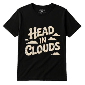 Black Flying Fish T Shirt - "Head in Clouds" graphic tee with beige print, flat lay product photo