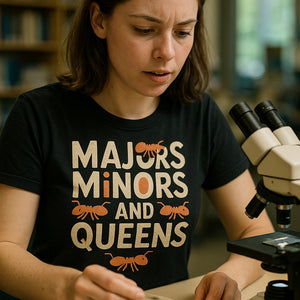 "Majors Minors and Queens" black ant t shirt, photographed as gifts for ant lovers