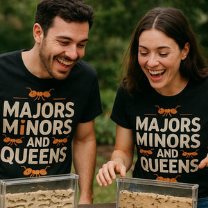 Person wearing the black ant t shirt graphic tee - "Majors Minors and Queens" design