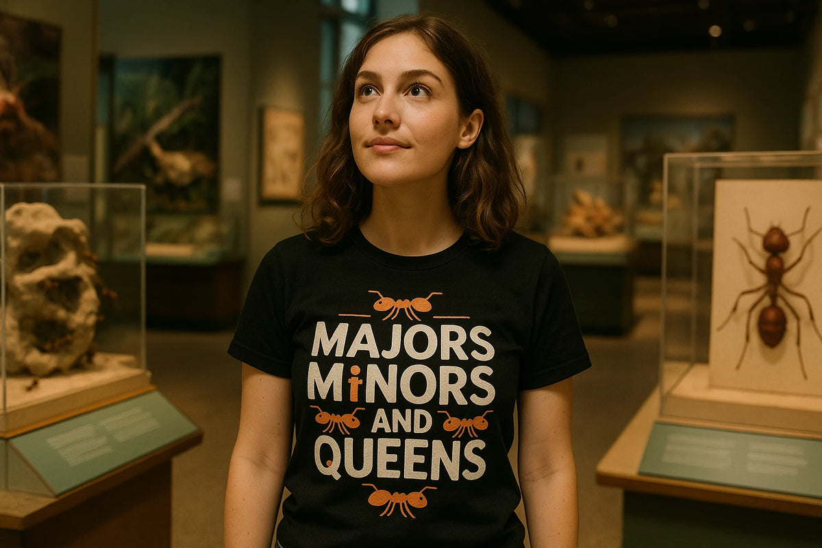Lifestyle shot of the "Majors Minors and Queens" black ant t shirt in a real-world setting