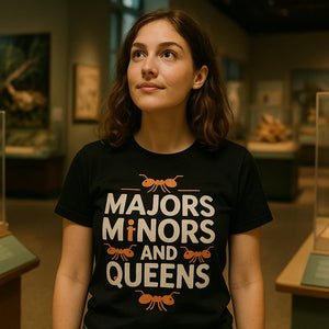 Lifestyle shot of the "Majors Minors and Queens" black ant t shirt in a real-world setting