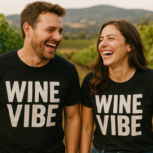 Person wearing the black sommelier t shirt graphic tee - "Wine Vibe" design