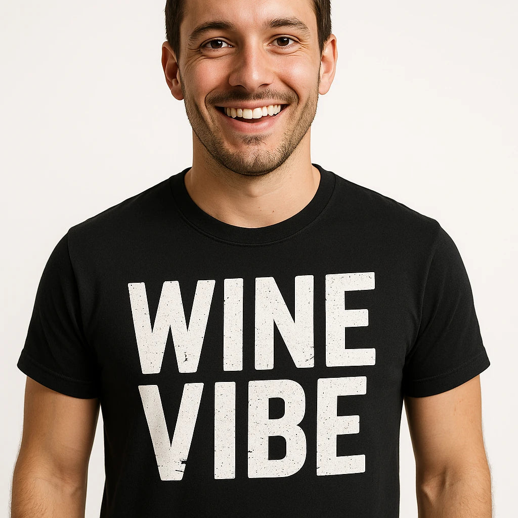 Close-up of the "Wine Vibe" white print on a premium Bella+Canvas black sommelier t shirt