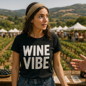 Lifestyle shot of the "Wine Vibe" black sommelier t shirt in a real-world setting