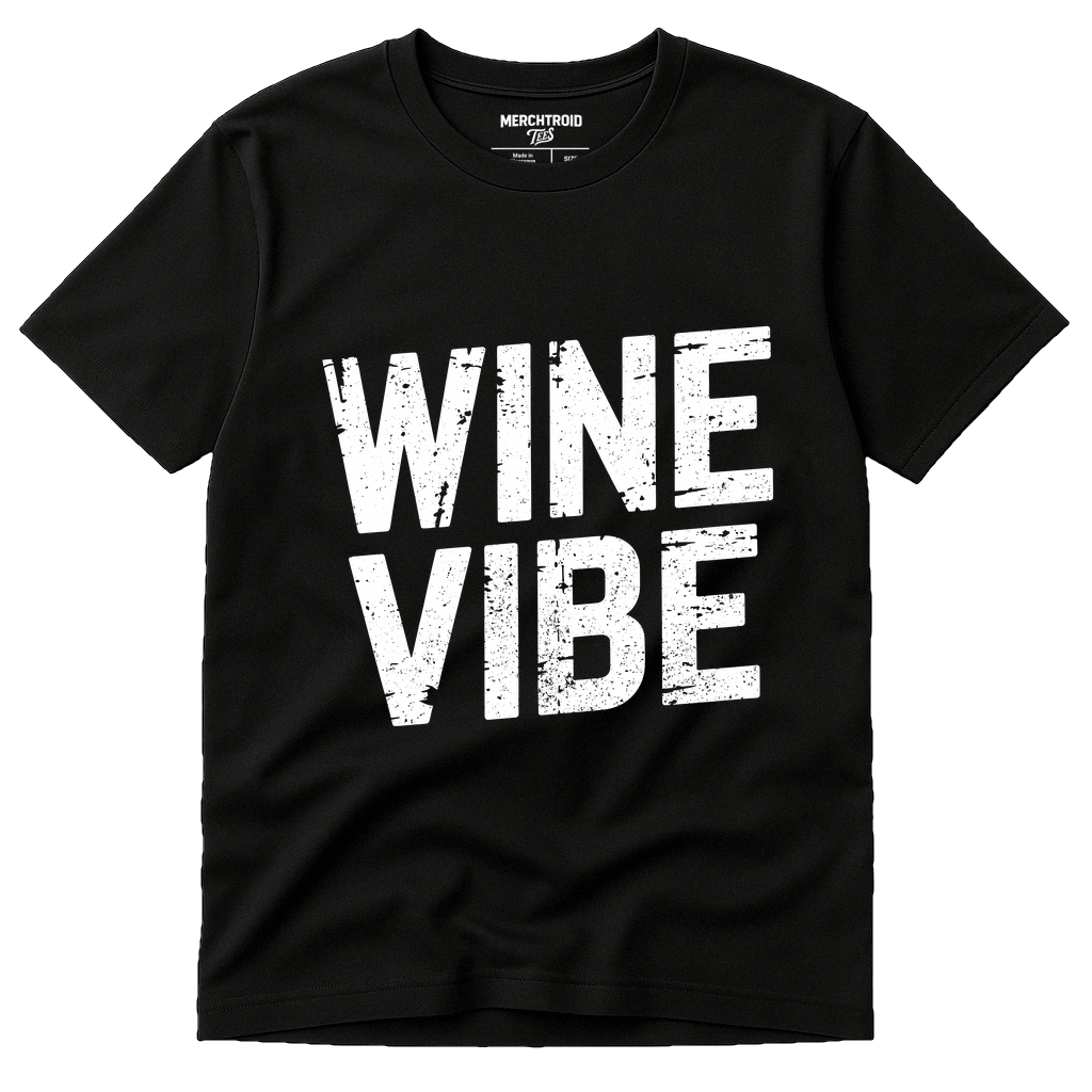 Black Sommelier T Shirt - "Wine Vibe" graphic tee with white print, flat lay product photo