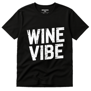 Black Sommelier T Shirt - "Wine Vibe" graphic tee with white print, flat lay product photo