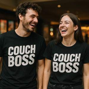 Person wearing the black graphic tee graphic tee - "Couch Boss" design
