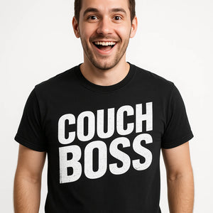 Close-up of the "Couch Boss" white print on a premium Bella+Canvas black graphic tee