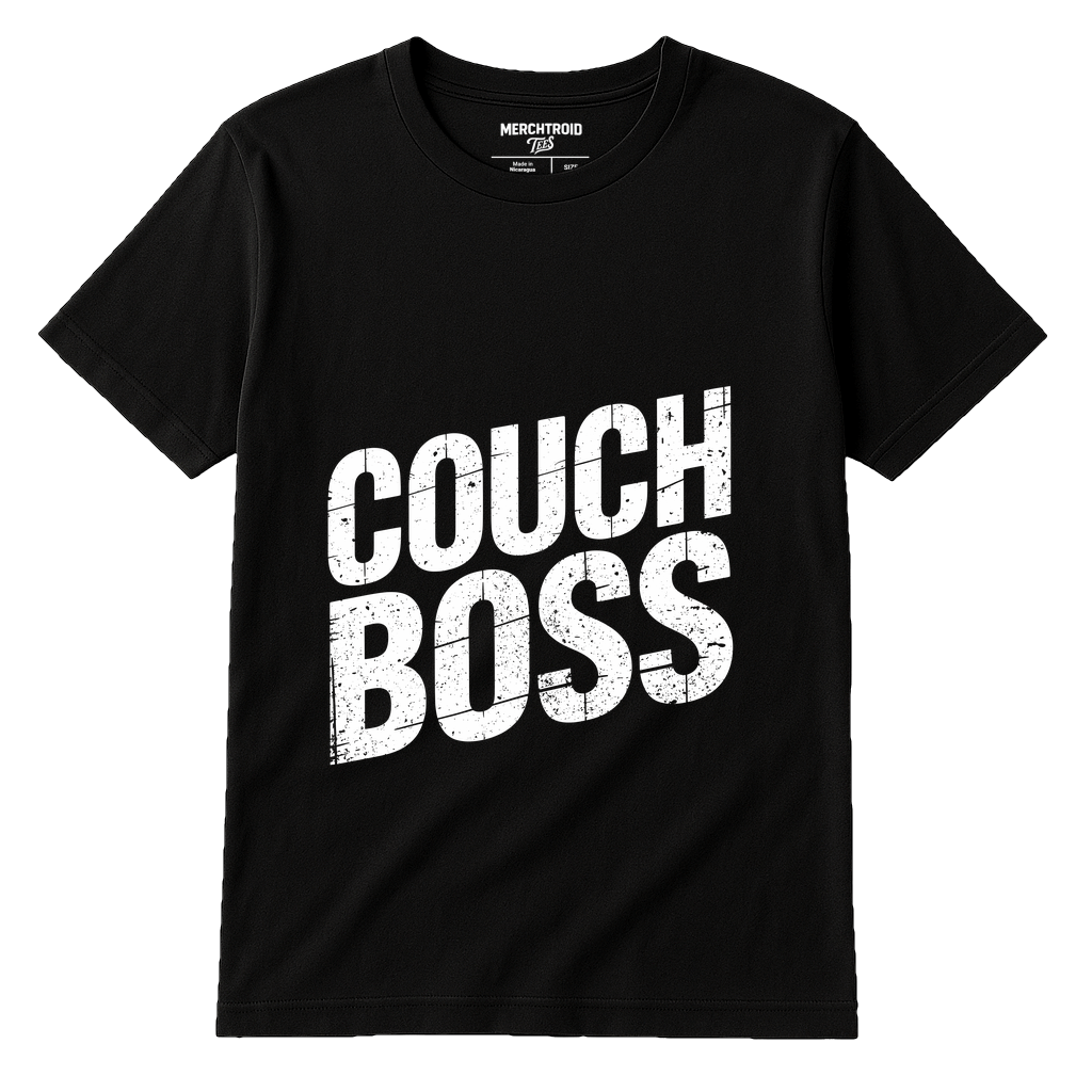 Black Graphic Tee - "Couch Boss" graphic tee with white print, flat lay product photo