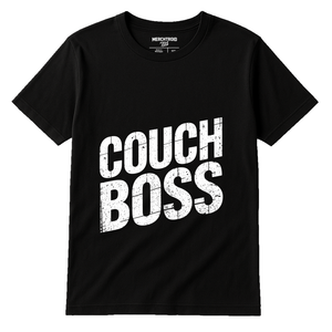 Black Graphic Tee - "Couch Boss" graphic tee with white print, flat lay product photo