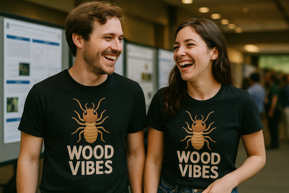 Person wearing the black termite t shirt graphic tee - "Wood Vibes" design