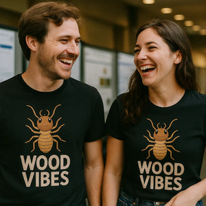 Person wearing the black termite t shirt graphic tee - "Wood Vibes" design