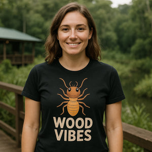 Lifestyle shot of the "Wood Vibes" black termite t shirt in a real-world setting