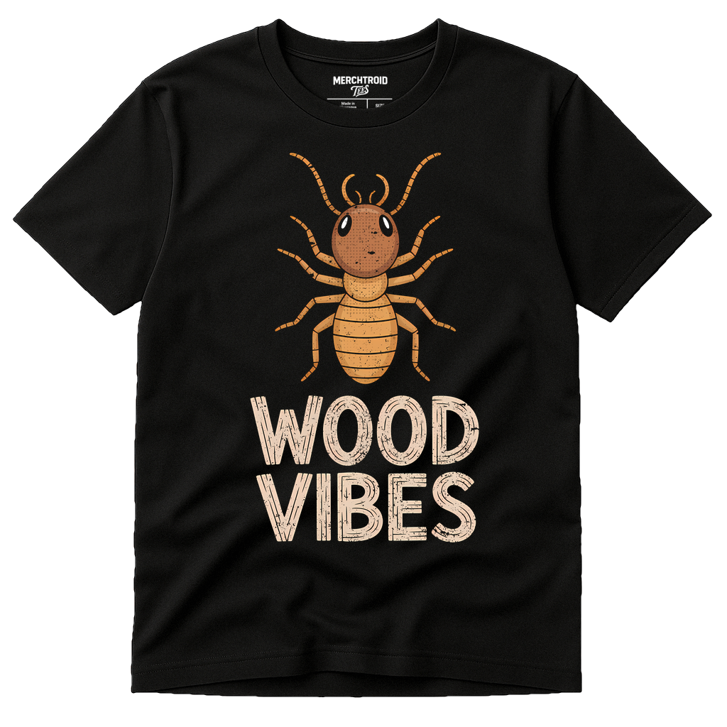 Black Termite T Shirt - "Wood Vibes" graphic tee with gold print, flat lay product photo