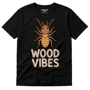 Black Termite T Shirt - "Wood Vibes" graphic tee with gold print, flat lay product photo