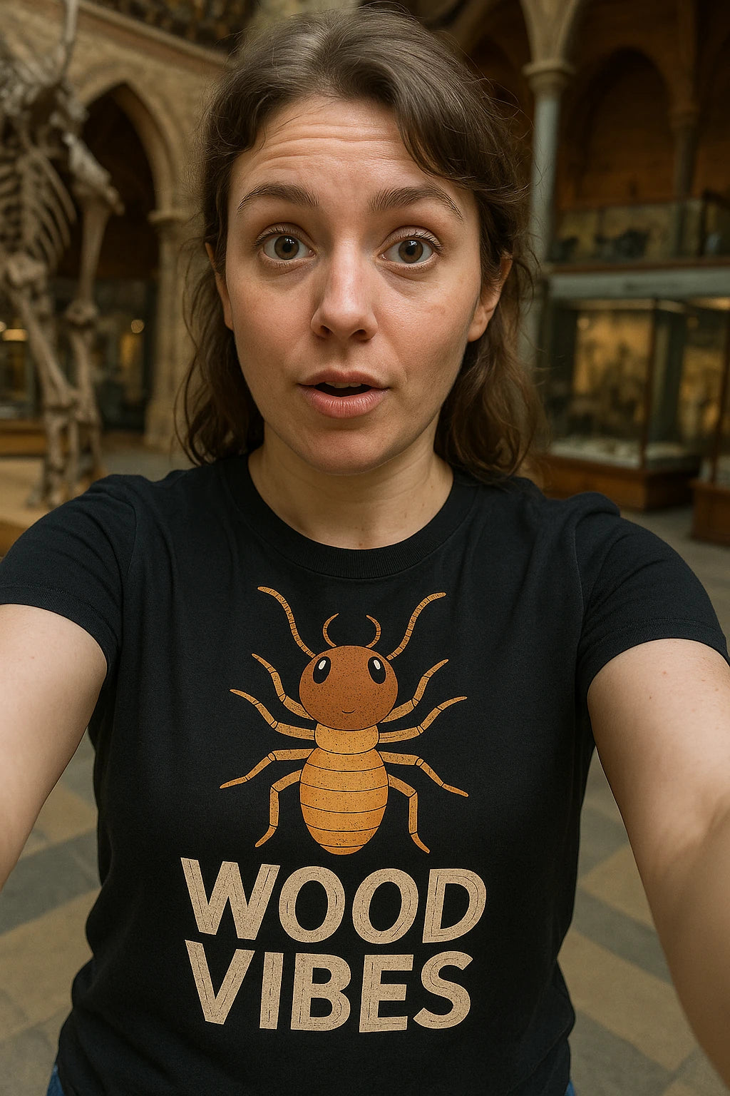 "Wood Vibes" black termite t shirt, photographed as termite lover gift