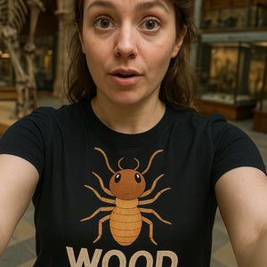 "Wood Vibes" black termite t shirt, photographed as termite lover gift