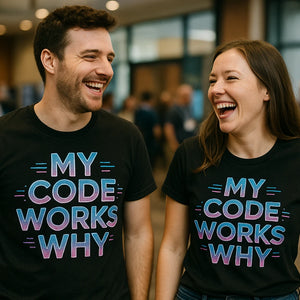 Person wearing the black it specialist t shirt graphic tee - "My Code Works Why" design