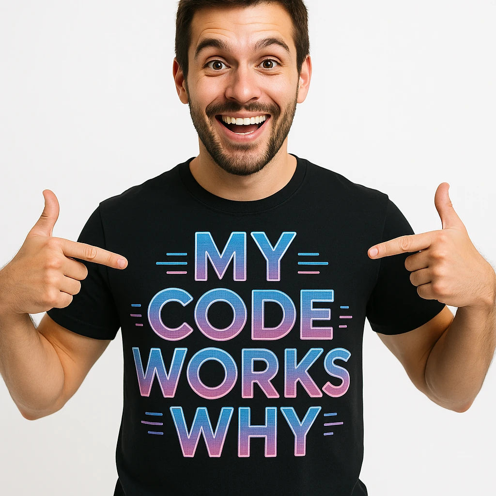 Close-up of the "My Code Works Why" gray print on a premium Bella+Canvas black it specialist t shirt
