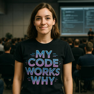 Lifestyle shot of the "My Code Works Why" black it specialist t shirt in a real-world setting