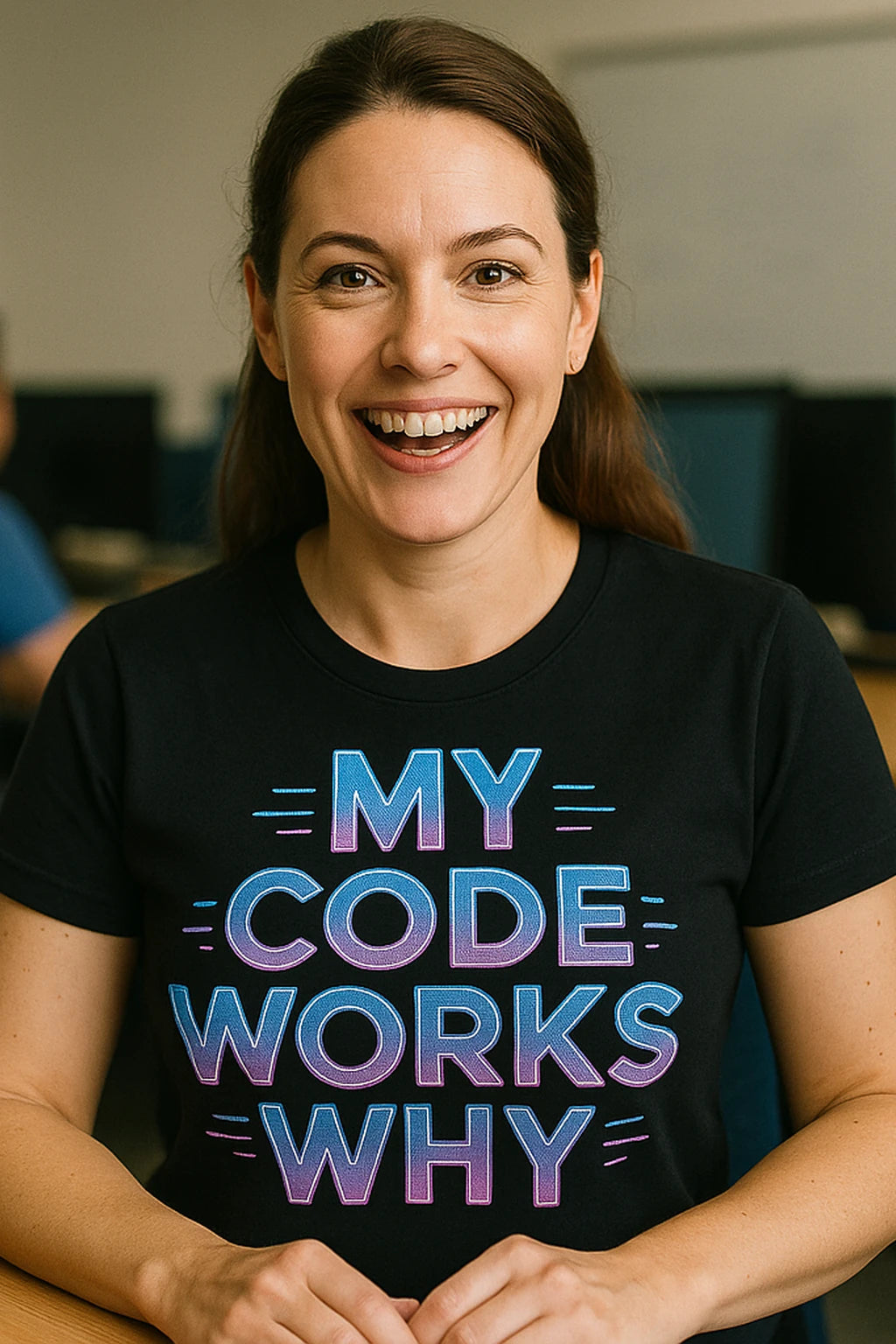 "My Code Works Why" black it specialist t shirt, photographed as it specialist gift