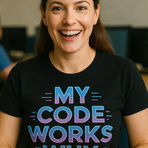 "My Code Works Why" black it specialist t shirt, photographed as it specialist gift