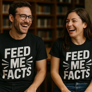 Person wearing the black studying t shirt graphic tee - "Feed Me Facts" design