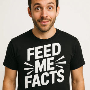 Close-up of the "Feed Me Facts" white print on a premium Bella+Canvas black studying t shirt