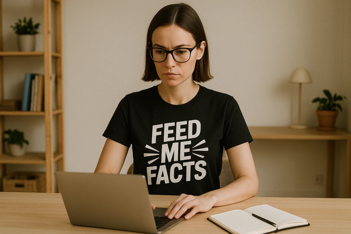 Lifestyle shot of the "Feed Me Facts" black studying t shirt in a real-world setting