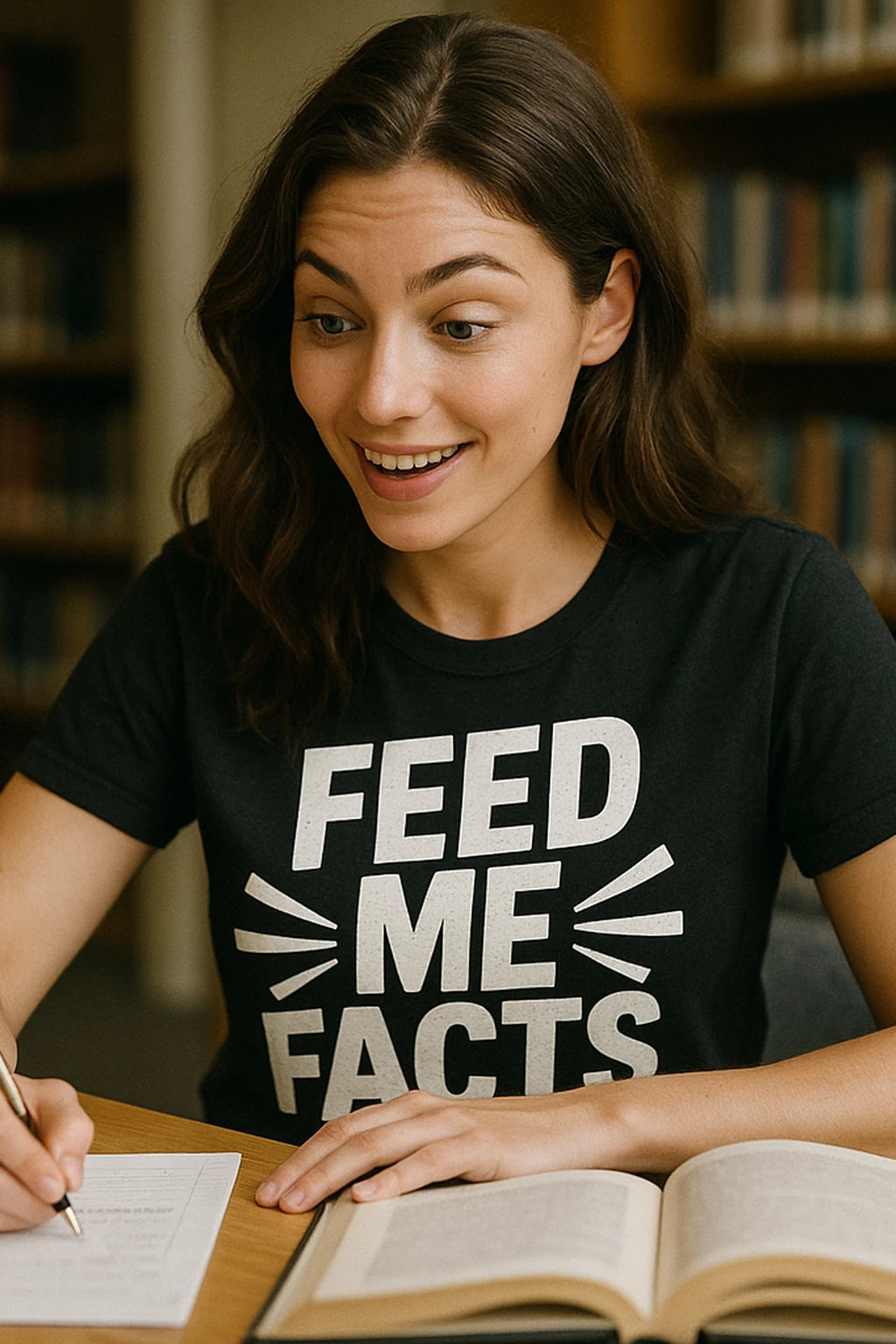"Feed Me Facts" black studying t shirt, photographed as studying lover gift