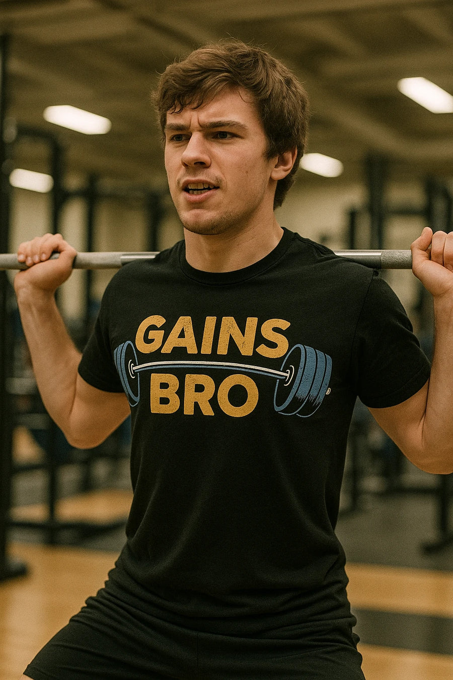 A person is in a gym setting, performing a squat while holding a barbell across their shoulders. They are wearing a black T-shirt with the text "GAINS BRO" and a graphic of a barbell on the front. The background shows gym equipment and a wooden floor.