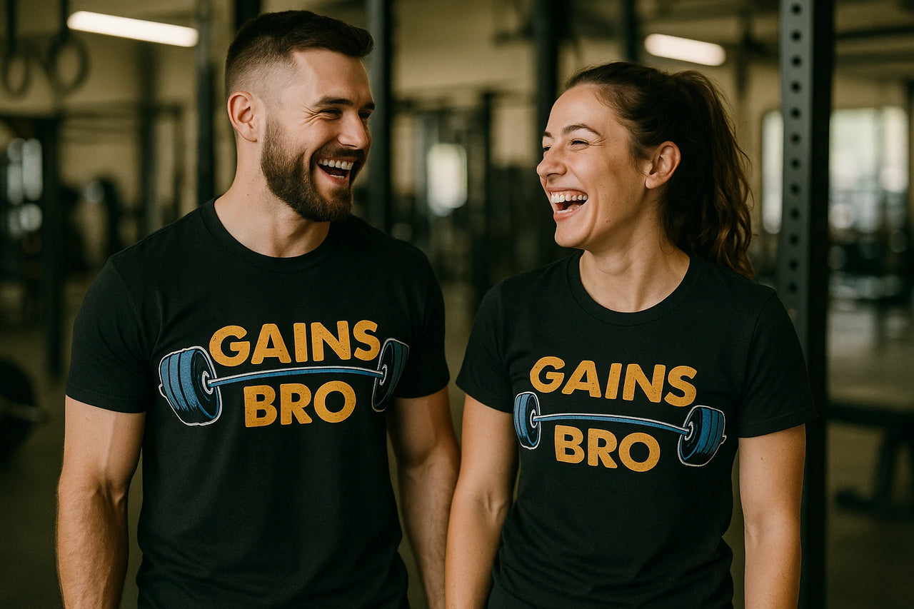 Two people inside a gym, both laughing and wearing matching black t-shirts with the text "GAINS BRO" and a graphic of a barbell. They appear to be enjoying each other's company.