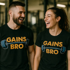 Person wearing the black t shirt weightlifting graphic tee - "Gains Bro" design