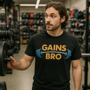 Lifestyle shot of the "Gains Bro" black t shirt weightlifting in a real-world setting