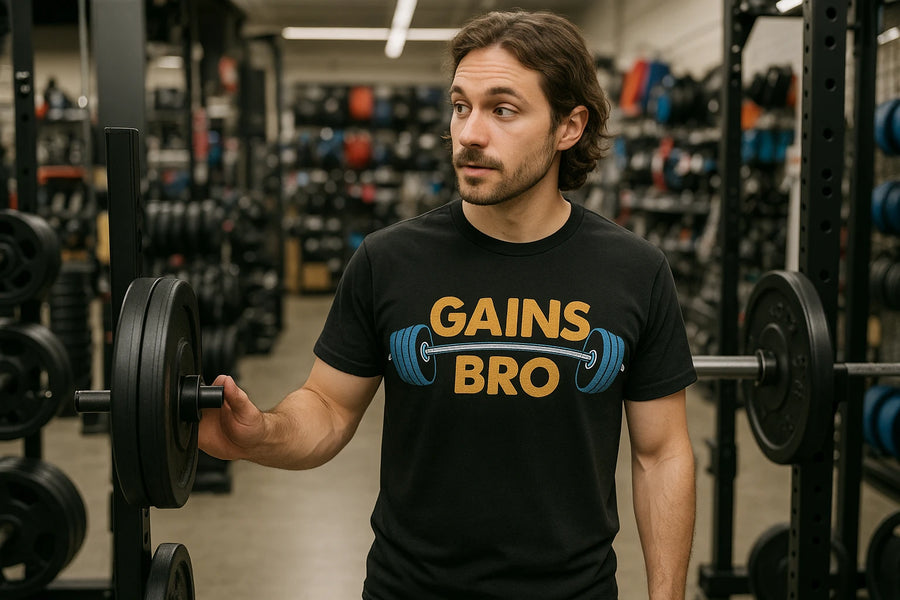 A person with shoulder-length brown hair and a beard is standing in a gym, holding a weight plate on a rack. They are wearing a black T-shirt with the text "GAINS BRO" printed on it, accompanied by an image of a barbell. The background is out of focus, showing gym equipment and weight plates.