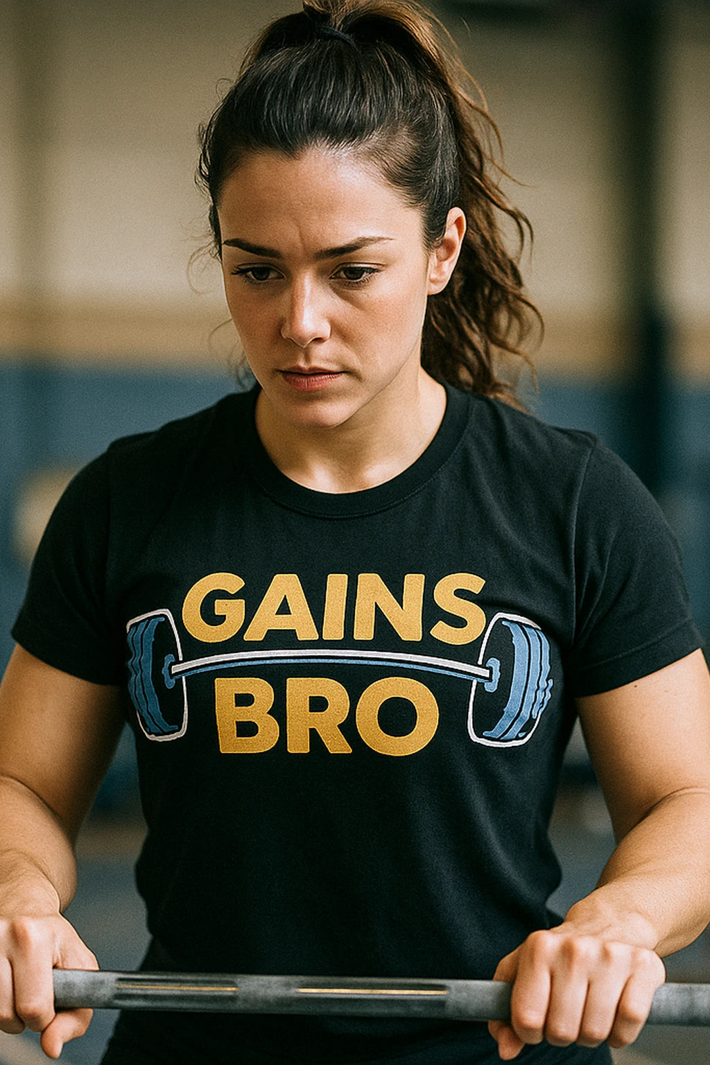A person with long brown hair in a ponytail is wearing a black T-shirt with the text "GAINS BRO" and an illustration of a barbell. They are holding a barbell with both hands, focused on working out.