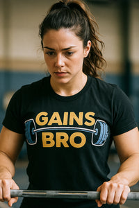 A person with long brown hair in a ponytail is wearing a black T-shirt with the text 