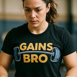 "Gains Bro" black t shirt weightlifting, photographed as weightlifting lover gift