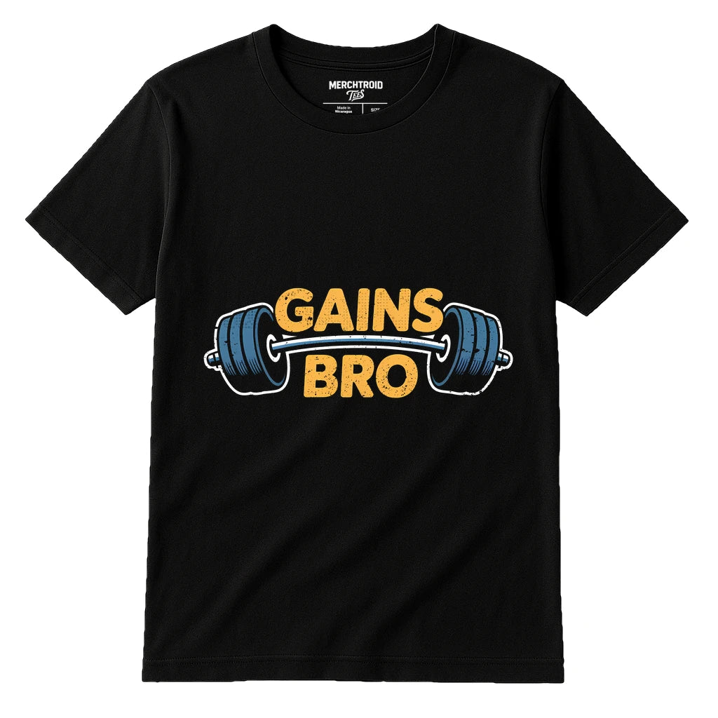 A black t-shirt with a graphic of a barbell and the words "GAINS BRO" in bold yellow letters across the chest.