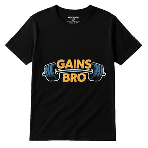Black T Shirt Weightlifting - "Gains Bro" graphic tee with tan print, flat lay product photo