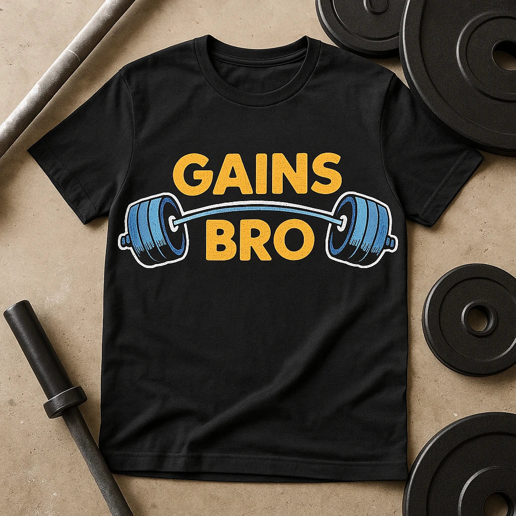 A black t-shirt with a design featuring a barbell and the text "GAINS BRO" in bold yellow letters. The shirt is surrounded by various gym equipment including weights and a barbell, laid out on a concrete floor.
