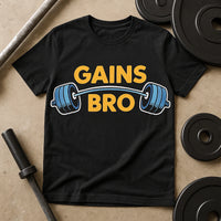 A black t-shirt with a design featuring a barbell and the text 